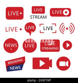 Rote und weiße Livestream-Symbole für Nachrichten- und Medienplattformen mit verschiedenen Designs. Stock Vektor