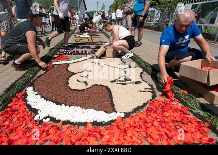 Spycimierz, Polen - 30. Mai 2024: Menschen beobachten oder kreieren bunte Blumenteppiche während religiöser Feiertage Stockfoto