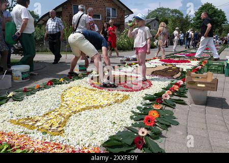 Spycimierz, Polen - 30. Mai 2024: Menschen beobachten oder kreieren bunte Blumenteppiche während religiöser Feiertage Stockfoto