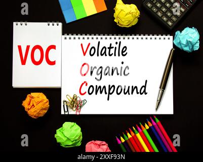 VOC-Symbol für flüchtige organische Verbindungen. Konzeptworte VOC flüchtige organische Verbindung auf schöner weißer Note. Schöner schwarzer Hintergrund. Geschäftliche VOC - view-Objekt Stockfoto