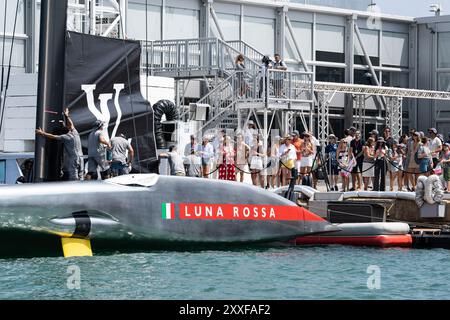 Hospitalet De Llobregat, Barcelona, Spain. 24th Aug, 2024. The Italian Prada Luna Rossa during the third day of the preliminary regatta of the 37th America's Cup. It has faced the British team INEOS. (Credit Image: © Marc Asensio Clupes/ZUMA Press Wire) EDITORIAL USAGE ONLY! Not for Commercial USAGE! Credit: ZUMA Press, Inc./Alamy Live News Stock Photo