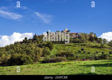 hügel mit Turm der mittelalterlichen Kirche in Montiano in der Toskana, Italien Stockfoto