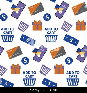 Nahtloses Muster mit Shopping-Elementen im Cartoon-Stil. Vektor-Hintergrund mit Kreditkarte, Telefonzahlung, Warenkorb. Für Online-Shop, mobil Stock Vektor