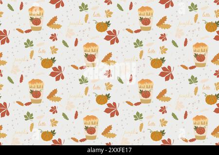 Kürbisgewürz Latte Vektor Hintergrund, Kürbiskaffee und Gartenlaub, dekoratives nahtloses Muster. Herbst-Illustration mit Botanik-Elemen Stock Vektor