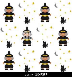 Halloween nahtloses Muster mit Hexen und schwarzen Katzen während der Nacht. Wiederholbares Design auf weißem Hintergrund, flache Abbildung. Stockfoto