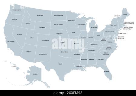 Vereinigte Staaten von Amerika, Silhouetten von staaten, graue politische Karte. Fünfzig geografische Gebiete und Grenzen, vereint durch eine union und eine Bundesregierung. Stockfoto