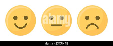 Glückliches, trauriges und neutrales Emoji Smiley in gelber Farbe Vektor Illustration gesetzt. Emoticons positiv, neutral und negativ. Bewertung des Smile Emoji-Sets. Stock Vektor
