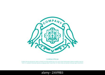 Goldene Luxus Mandala Blume mit Taube Vogel Linie Outline Logo Design Vektor Stock Vektor