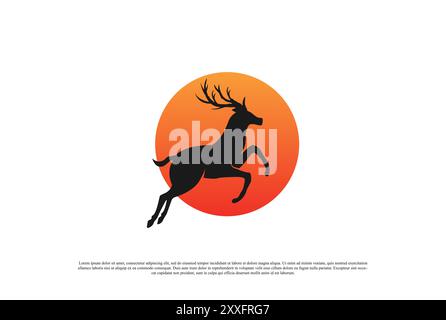 Sonnenuntergang Sonnenaufgang oder Mond mit springendem Hirschgeweih Rentier Logo Design Vektor Stock Vektor
