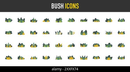 Cartoon Bush Kollektion. Set von grünen Sträuchern und Bäumen für Garten, Wald, Hecke und Feld, floristische dekorative Elemente Büsche Vektor-Illustration. Stock Vektor
