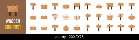 Zeichentrickfilm hölzerne Schildertafel Kunst Vektor Illustration. Strukturierte Vorlagen für Reklametafeln, rustikale Ankündigungsschilder. Pfeil, Brett und Panel des Zeichentrickspiels. Stock Vektor