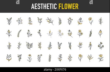 Hand gezeichnete Linie ästhetische Blumen Set, Vektor minimale florale Element Sammlung, monochrom, lineare Blumen, Blätter für Poster, Wandkunst, Abdeckung. Stock Vektor
