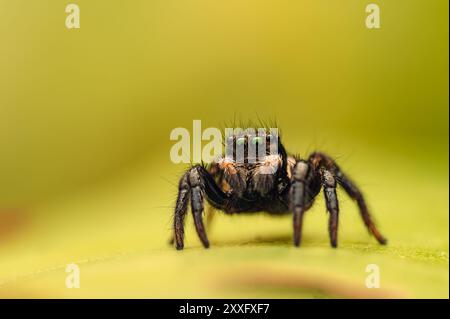 Eine springende Spinne (Salticidae) wird in einer detaillierten Makroaufnahme auf einem gelben Blatt gesehen. Die Nahansicht hebt die komplizierten Merkmale des Spiders hervor Stockfoto