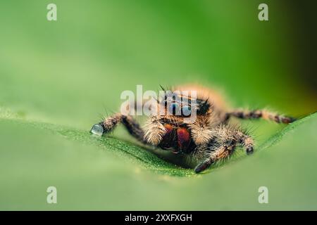 Eine springende Spinne (Salticidae) sitzt auf einem grünen Blatt mit einem wunderschön verschwommenen Hintergrund. Die detaillierte Makroaufnahme erfasst die komplizierten Merkmale von t Stockfoto