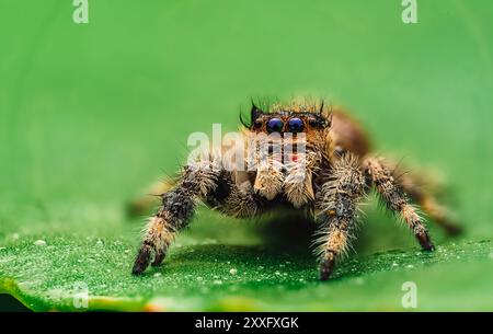 Eine springende Spinne (Salticidae) wird in einer detaillierten Makroaufnahme gesehen, bedeckt mit Wassertröpfchen und sitzt auf einem grünen Blatt. In der Nahansicht wird das hervorgehoben Stockfoto