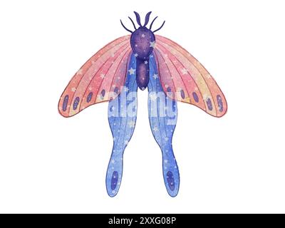 Aquarellgalaxie Schmetterling isoliert auf weißem Hintergrund. Handgemalte Aquarellabbildung für Postkarten Stockfoto