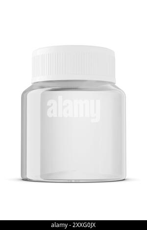 Transparentes Glas für medizinische Pillen. Glasbehältermodell für medizinische Kapseln. Glas-transparentes Glas-Modell für Nahrungsergänzungsmittel. Leere Flasche Stockfoto