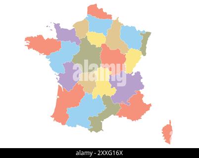 Karte von Frankreich nach Region in verschiedenen Farben. Vektorabbildung. Stock Vektor