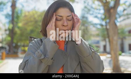 Eine hispanische Frau mittleren Alters im Freien wirkt gestresst oder Kopfschmerzen und berührt die Schläfe mit einem schmerzhaften Ausdruck. Stockfoto