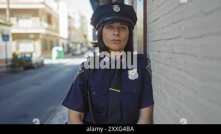 Eine reife hispanische Polizistin steht wachsam auf einer Straße der Stadt und strahlt Autorität und Vertrauen aus. Stockfoto