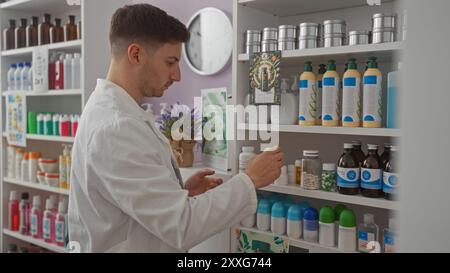 Ein junger hispanischer Mann in einer Apotheke wird gesehen, wie er ein Produkt aus dem Regal nimmt, umgeben von verschiedenen Gesundheits- und Schönheitsartikeln in einem Drogeriemarkt setti Stockfoto