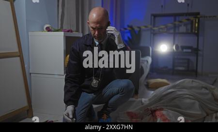 Glatzköpfiger Detective Mann kniet und analysiert einen blutigen Tatort drinnen, während er telefoniert. Stockfoto