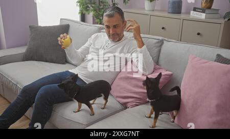 Mann mittleren Alters, der auf einer Couch mit zwei Chihuahuas in einem gemütlichen Wohnzimmer sitzt. Stockfoto