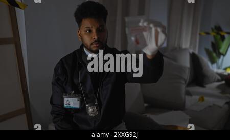 Gutaussehender afroamerikanischer männlicher Detective, der Beweise am Tatort drinnen analysiert. Stockfoto