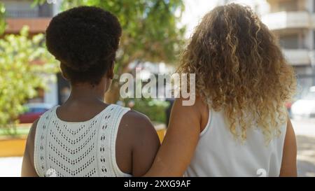 Freundinnen, die gemeinsam in einem Stadtpark unter der Sonne spazieren, zeigen Freundschaft und Vielfalt Stockfoto