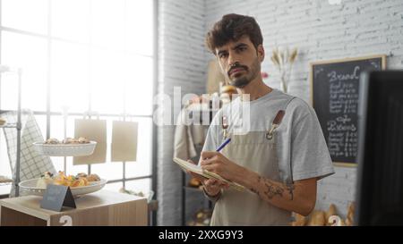Hübscher junger hispanischer Mann mit Bart und Tattoos, der in einem Notizbuch in einer Bäckerei schreibt Stockfoto