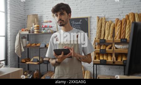 Hübscher hispanischer Mann mit Bart, der eine Schürze trägt und eine Tablette in der Bäckerei hält, umgeben von Brot und Gebäck Stockfoto