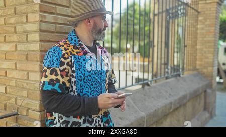 Ein stilvoller Erwachsener mit Hut und gemustertem Hemd benutzt ein Smartphone auf einer Stadtstraße. Stockfoto