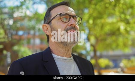 Reifer Mann mit Bart und Brille draußen in der Natur, die Besinnung und Gelassenheit zeigt Stockfoto