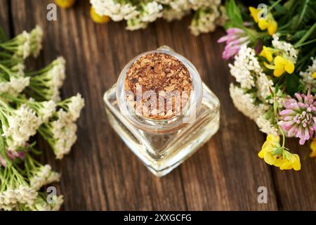 Eine Flasche ätherisches Aromatherapie-Öl mit frischer Schafgarbe und bunten Sommerblumen auf einem Holztisch Stockfoto