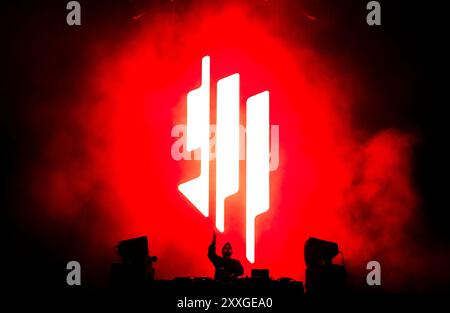 EDITORIAL USE ONLY Skrillex performing during the Leeds Festival 2024 at Bramham Park in Leeds. Picture date: Saturday August 24, 2024. Stock Photo