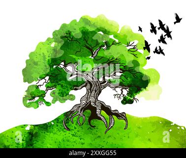 Großer grüner Baum mit Vögeln. Naturzeichnung. Keine Illustration des AI-Vektors Stock Vektor