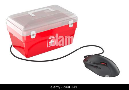 Erste-Hilfe-Kasten mit Computermaus, medizinische Hilfe Online-Konzept. 3D-Rendering isoliert auf weißem Hintergrund Stockfoto