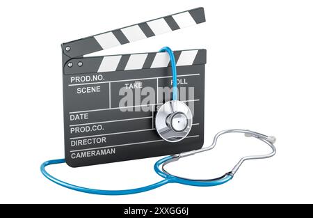 Stethoskop mit Klappwand. Medizinstudium Dokumentarfilm, Konzept. 3D-Rendering isoliert auf weißem Hintergrund Stockfoto
