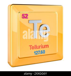 Tellurium Te, chemisches Elementzeichen mit der Nummer 52 im Periodensystem. 3D-Rendering isoliert auf weißem Hintergrund Stockfoto