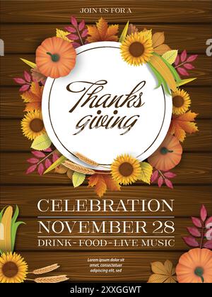 thanksgiving-Festplakat mit Herbstblättern und Kürbissen auf hölzernem Hintergrund. Poster zum Herbstfest Stock Vektor