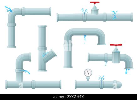 Undichte Leitungen. Kunststoffrohrleitung beschädigt. Wasser spritzt unter Druck und tropft. Ablasshähne oder Ventile. Technischer Sensor. Kanalisationssystem Stock Vektor