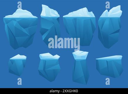 Karikatureisberge. Schwimmende Eisblöcke. Verschiedene Formen. Gefrorene Gletscher mit Unterwasserteilen. Arktische Gesteine im kalten Ozeanwasser. Driftende Polareste Stock Vektor