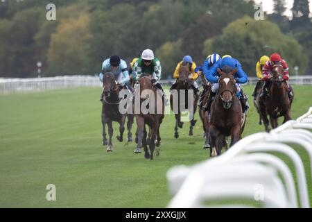 MIDNIGHT THUNDER, geritten von Jockey Kieran O'Neill, gewinnt bei der Sommerabschlussfeier die GET Raceday Ready Stakes (Klasse 5) (GBB Race) auf der Royal Windsor Racecourse in Windsor, Berkshire. Besitzer und Züchter Godolphin, Trainer Saeed bin Suroor, Newmarket, Sponsor Emirates Fly Better. Quelle: Maureen McLean/Alamy Live News Stockfoto