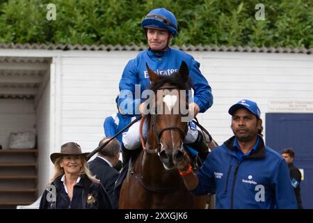 MIDNIGHT THUNDER ridden by jockey Kieran O'Neill wins the Get Raceday Ready Novice Stakes (Class 5) (GBB Race) at Royal Windsor Racecourse in Windsor, Berkshire at the Summer Closing Party. Owner and Breeder Godolphin, Trainer Saeed bin Suroor, Newmarket, Sponsor Emirates Fly Better. Credit: Maureen McLean/Alamy Live News Stock Photo