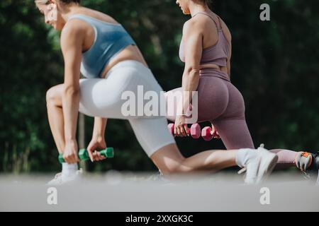 Frauen, die an einem sonnigen Tag im Park mit Hanteln trainieren Stockfoto