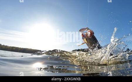 Hakenhecht, gefangen von einem Sportfischer, der an einem sonnigen Maitag auf einem See kämpft und aus dem See springt und Wasser spritzt Stockfoto