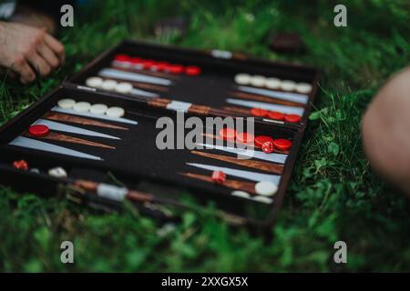 Outdoor Backgammon Spiel auf Gras mit bunten Stücken und Würfeln Stockfoto