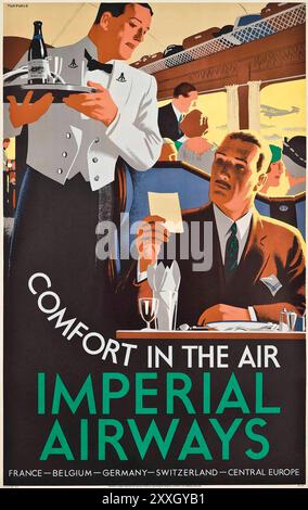 Vintage-Poster Für Flugreisen. Komfort in der Air- Imperial Airways, Flüge nach Europa. Steward zeigt, wie er dem Passagier Drinks bringt. Von Tom Purvis, 1937 Stockfoto