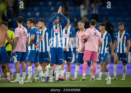 Barcelona, Spanien. August 2024. Cabrera (RCD Espanyol) Gesten während einer La Liga EA Sports im Stage Front Stadium in Barcelona, Spanien, am 24. August 2024. Foto: Felipe Mondino/SIPA USA Credit: SIPA USA/Alamy Live News Stockfoto