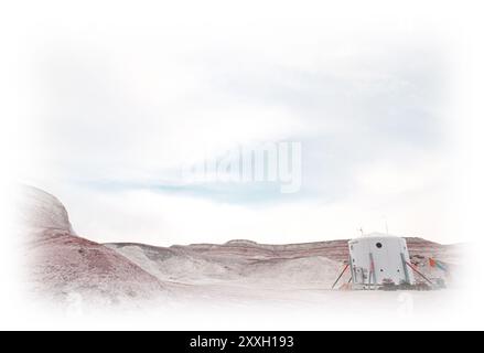 Mit der Hoffnung, dass eines Tages eine bemannte Expedition zum Mars geschickt werden könnte, hat die Mars Society das Mars Desert Research Center in der Wüste nahe der kleinen Stadt Hanksville im Süden Utahs eingerichtet. Stockfoto